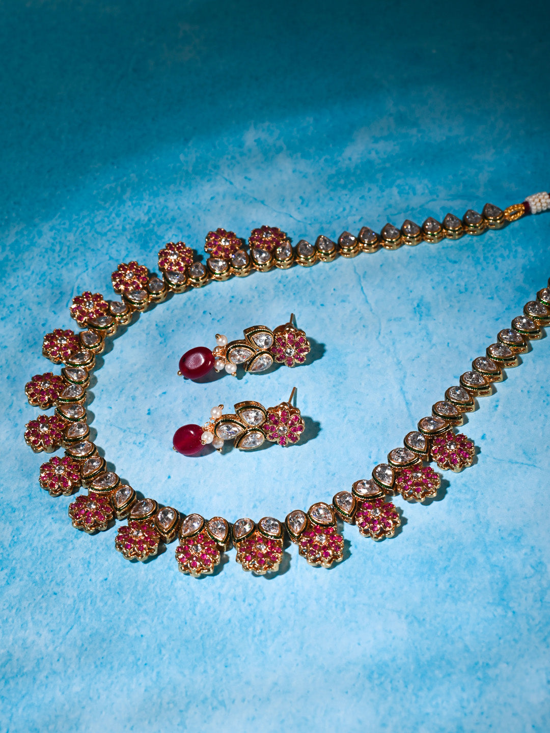 Golden &amp; Maroon Kundan Necklace Set With Earrings