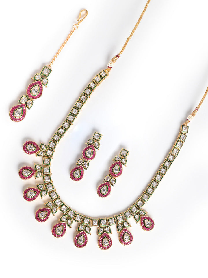 Maroon Kundan AD Necklace Set With Earrings &amp; Mang Tikaa