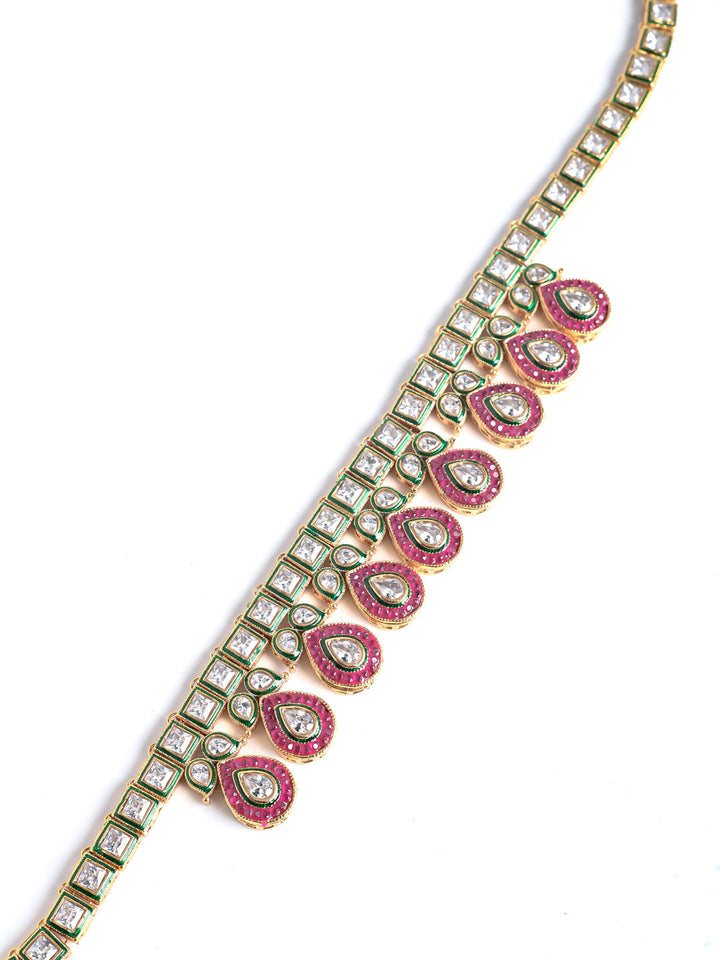 Maroon Kundan AD Necklace Set With Earrings &amp; Mang Tikaa