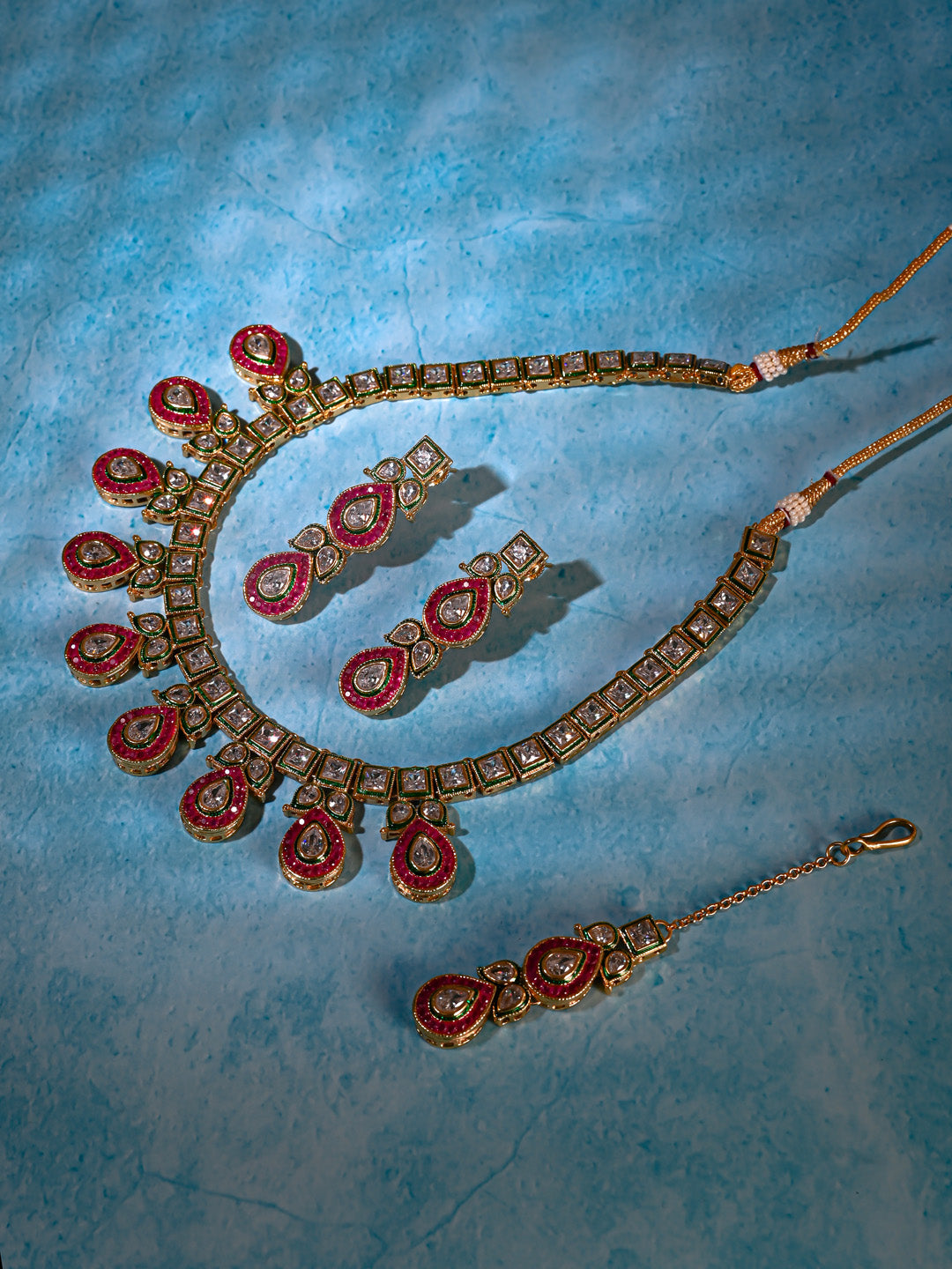 Maroon Kundan AD Necklace Set With Earrings &amp; Mang Tikaa