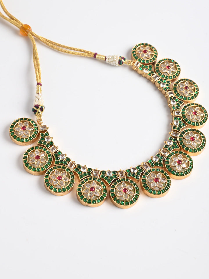 Golden &amp; Green Kundan Necklace Set With Earrings