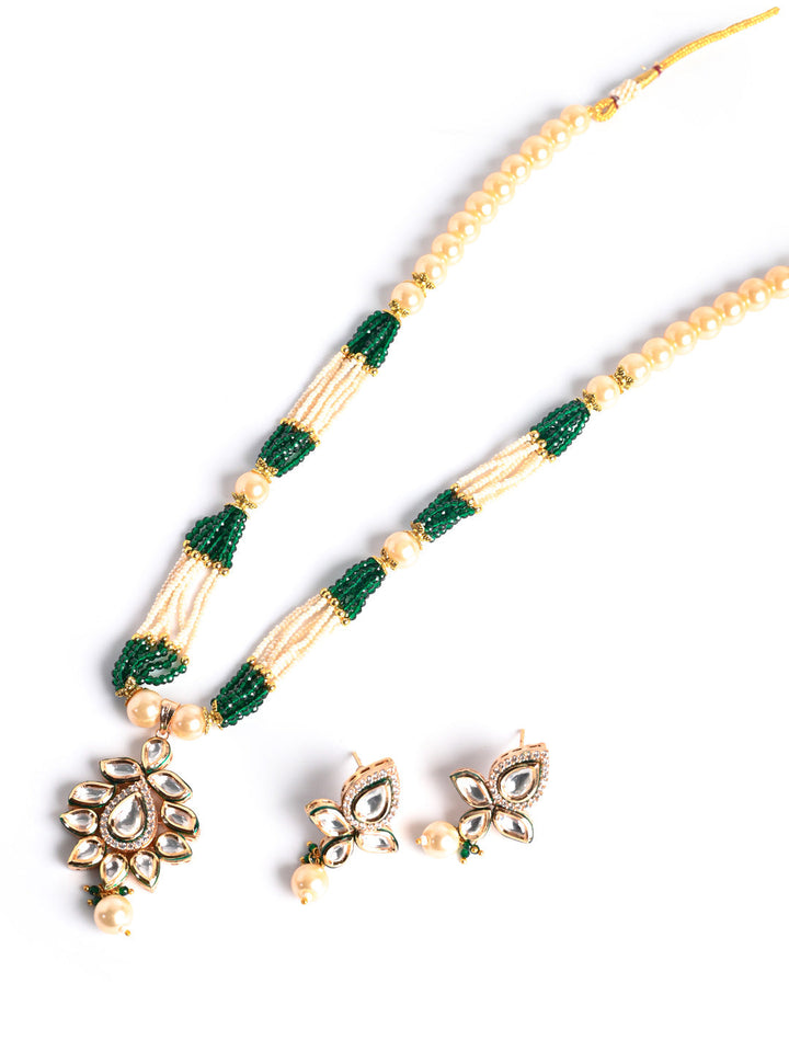 White &amp; Green Pearl Kundan Necklace Set With Earrings