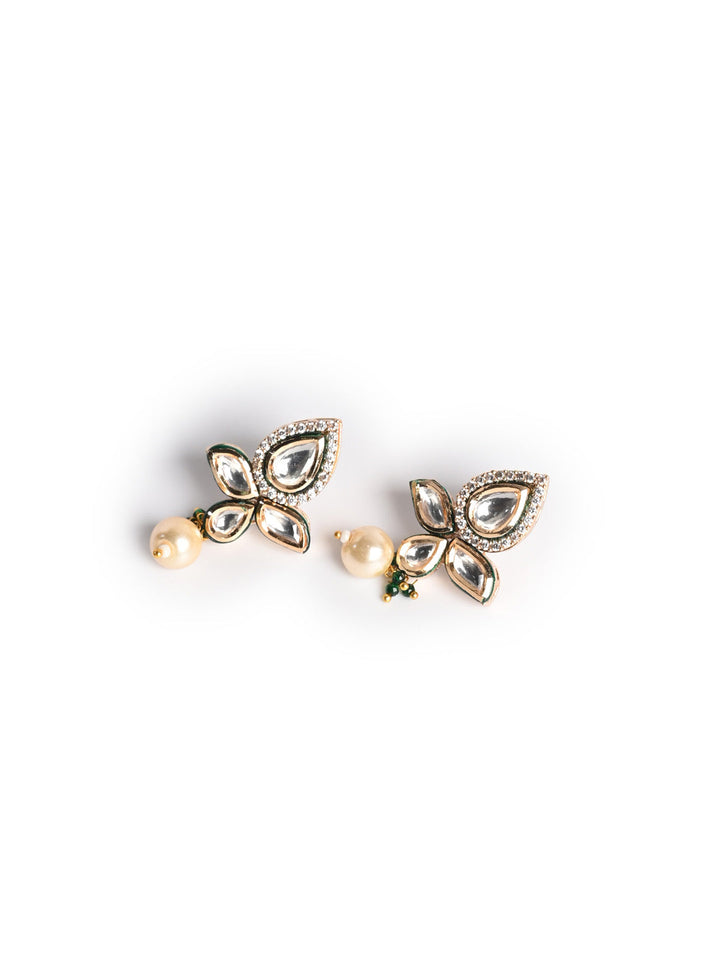 White &amp; Green Pearl Kundan Necklace Set With Earrings
