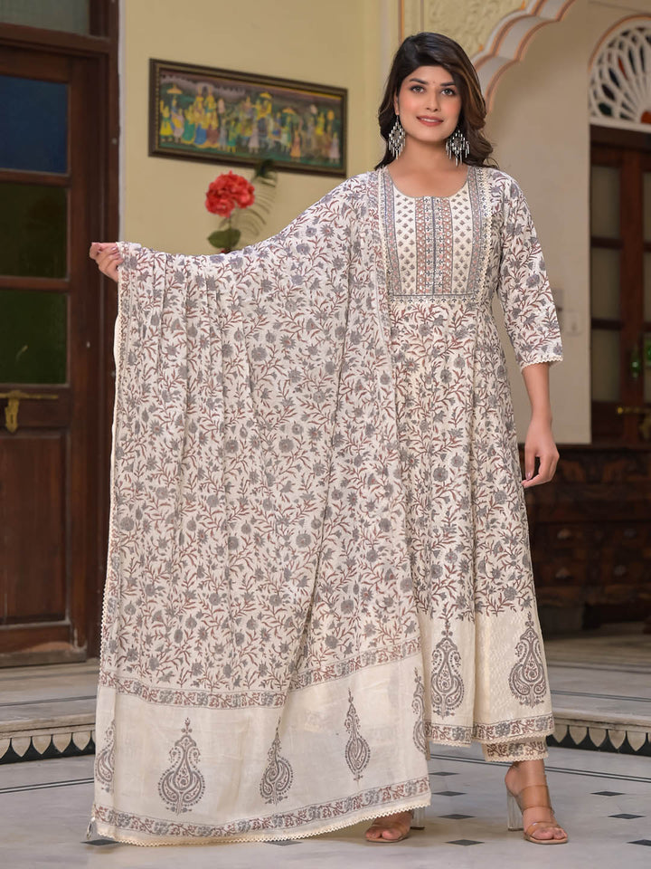 Floral Printed Cotton Kurta With Pants &amp; Dupatta