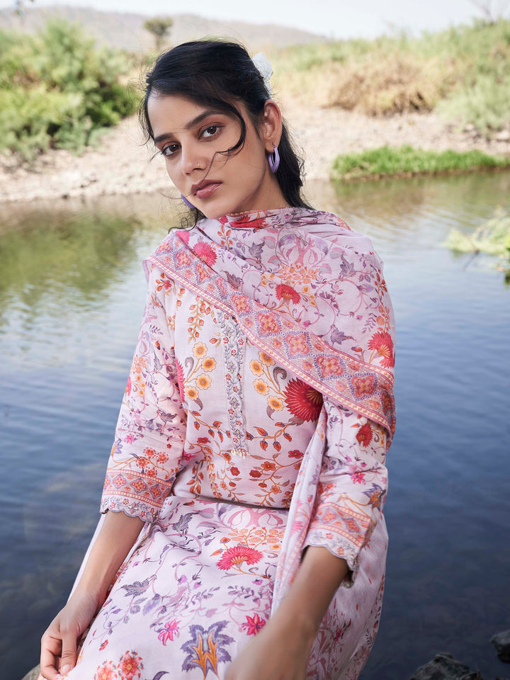 Floral Printed Anarkali Kurta With Pants &amp; Dupatta
