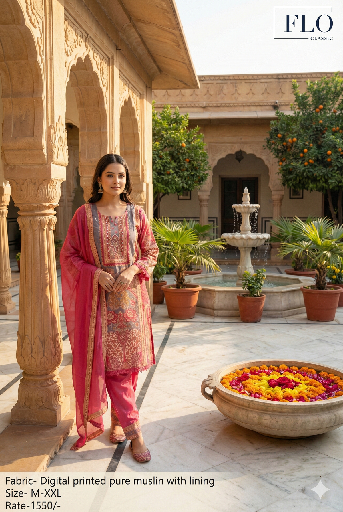 Pink Muslin Digital Printed Straight Suit Set