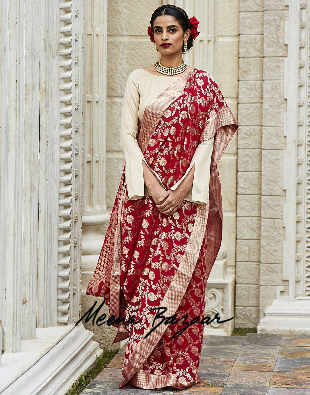 Hot Pink Georgette Woven Saree