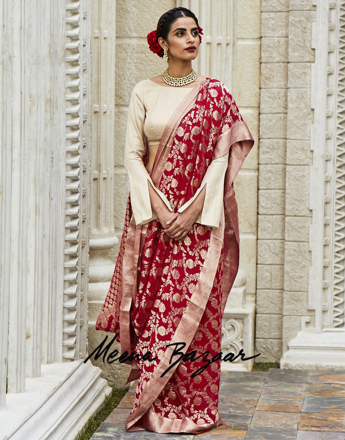 Hot Pink Georgette Woven Saree