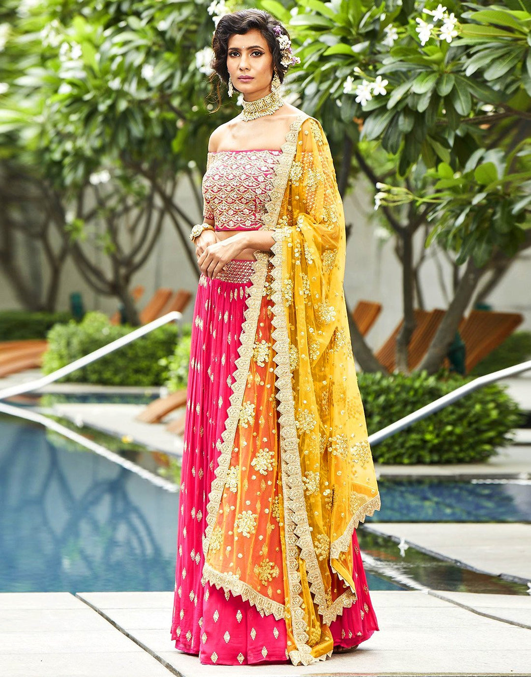 Elegant Georgette Stitched Lehenga with Net Mustard Dupatta