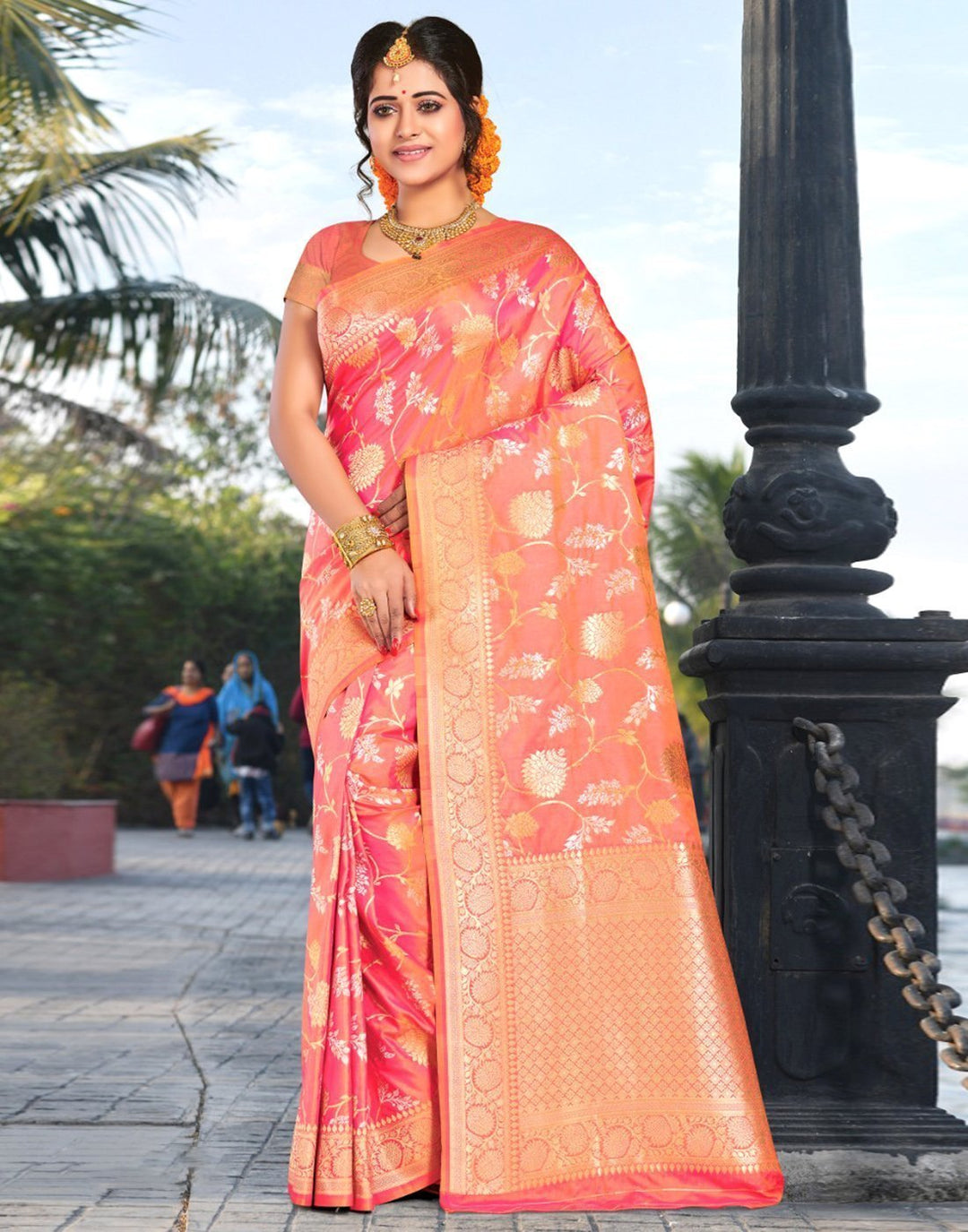 MBZ Meena Bazaar-Banarsi Silk Saree with Silver and  Golden Zari Booties