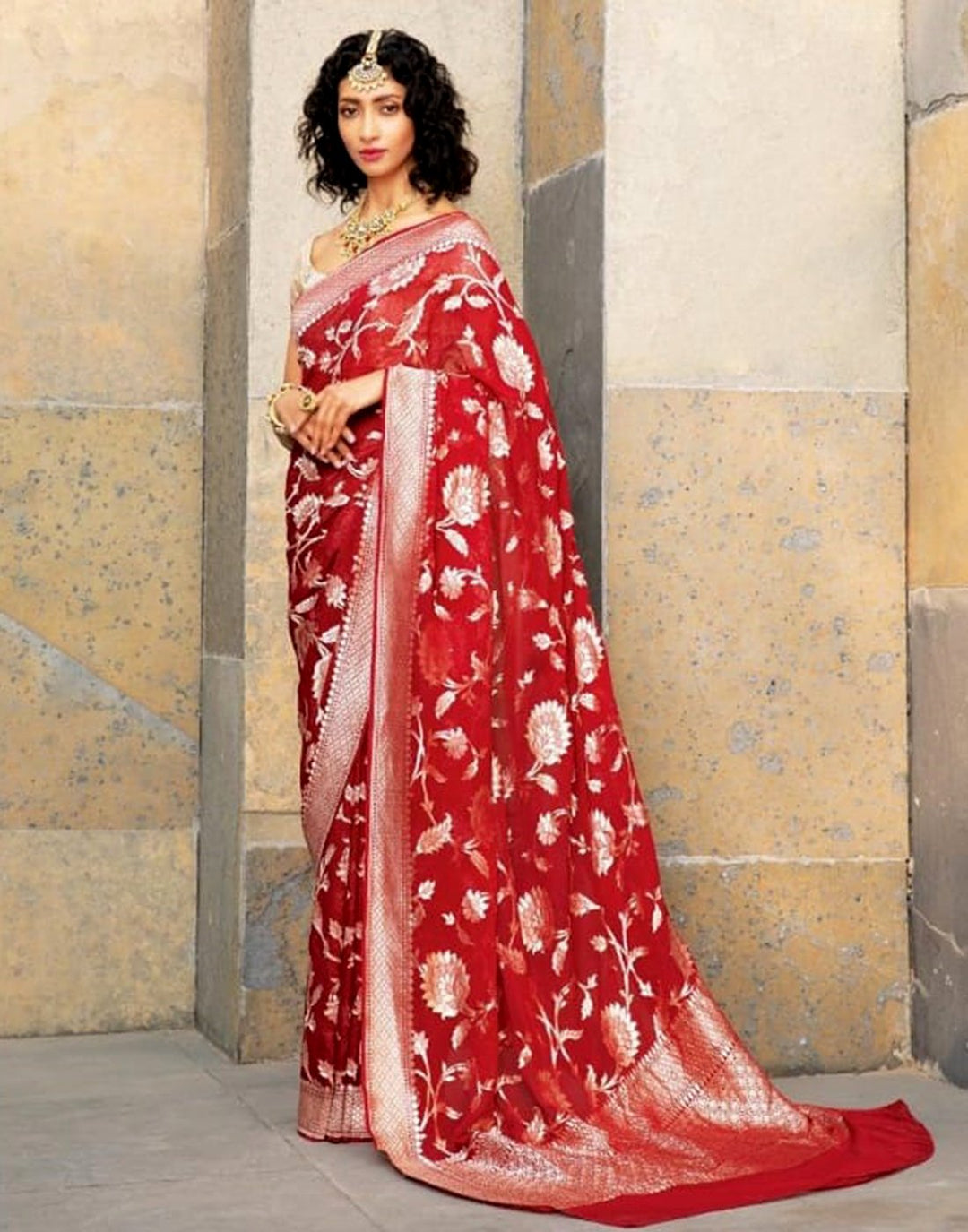 MBZ Meena Bazaar-Red Zari Jaal Banarasi Khaddi