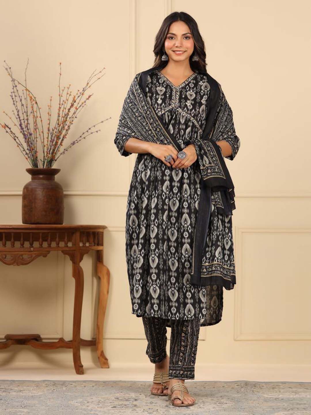 Floral Printed Cotton Kurta With Pants &amp; Dupatta