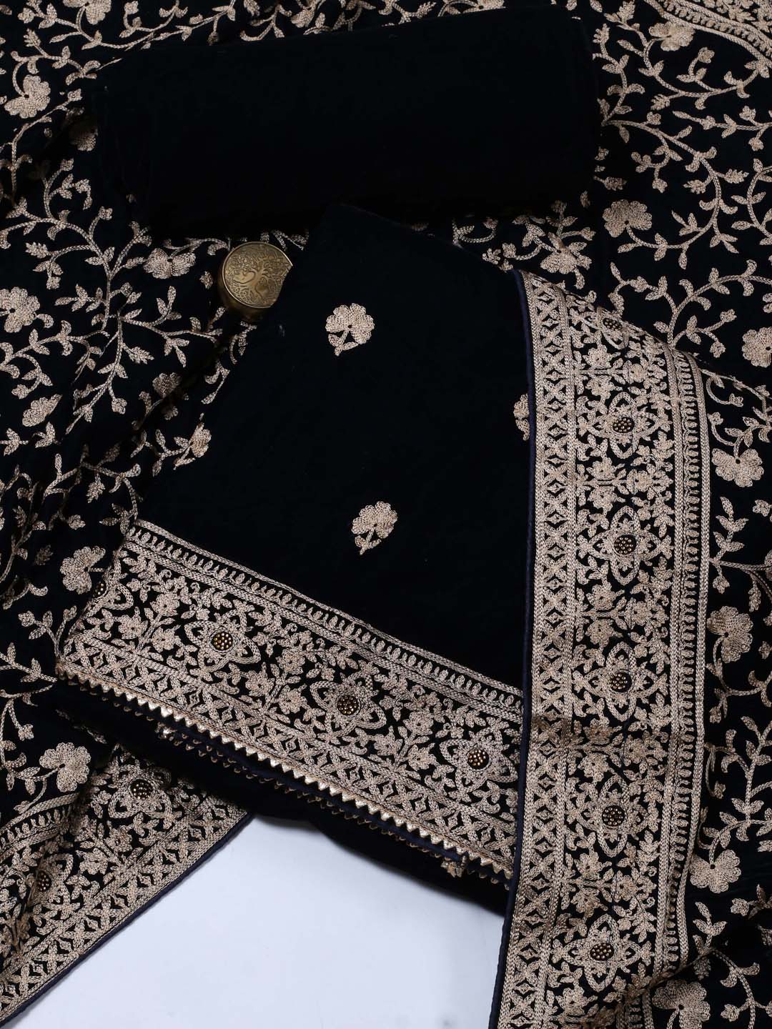 Floral Embroidered Velvet Unstitched Suit Piece With Dupatta
