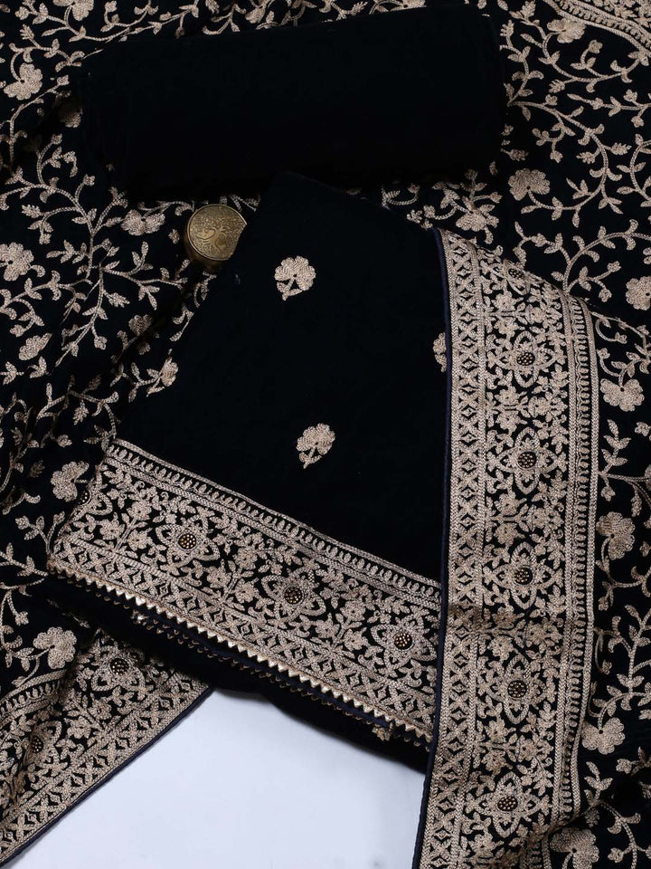 Floral Embroidered Velvet Unstitched Suit Piece With Dupatta
