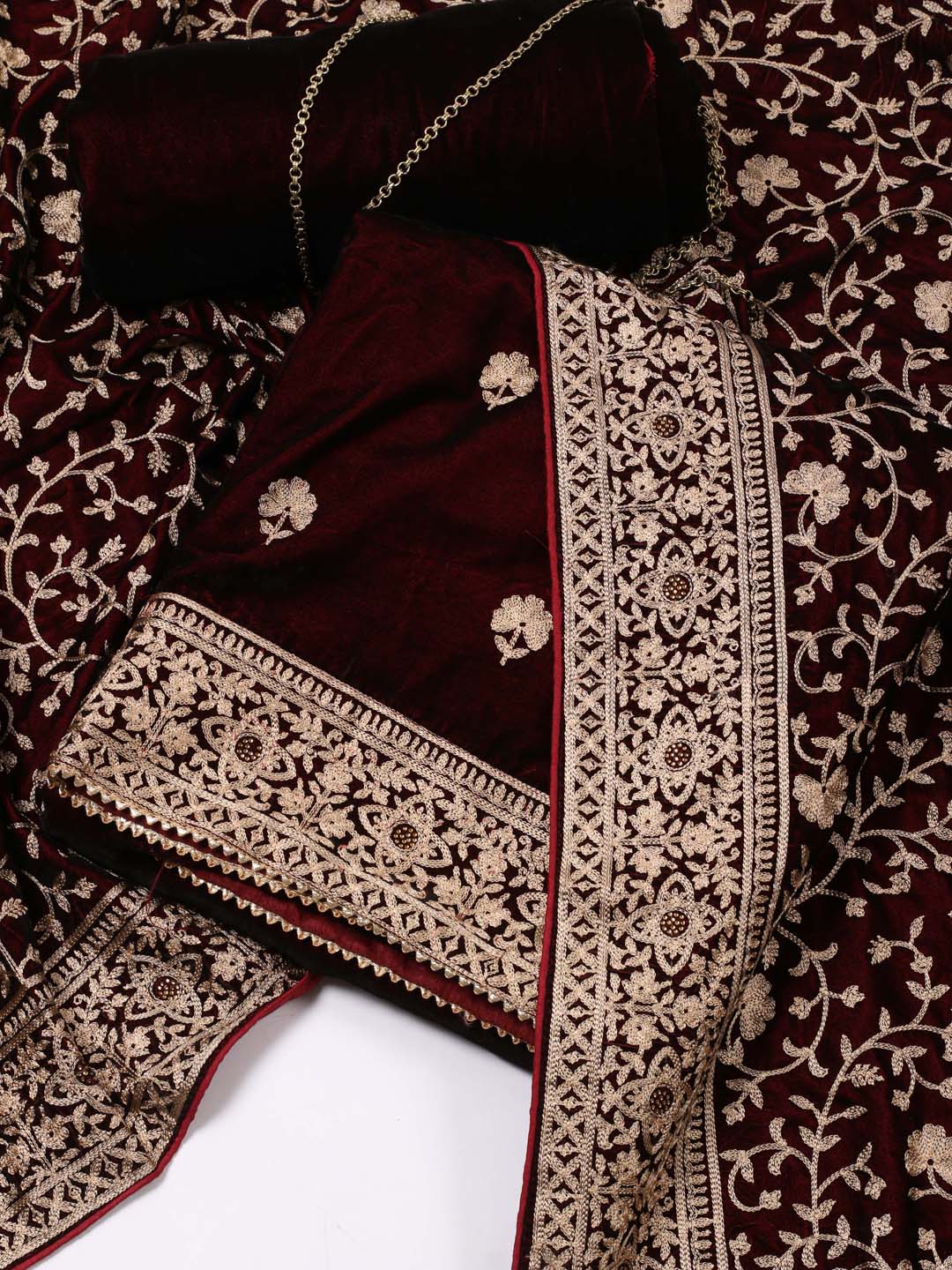 Floral Embroidered Velvet Unstitched Suit Piece With Dupatta