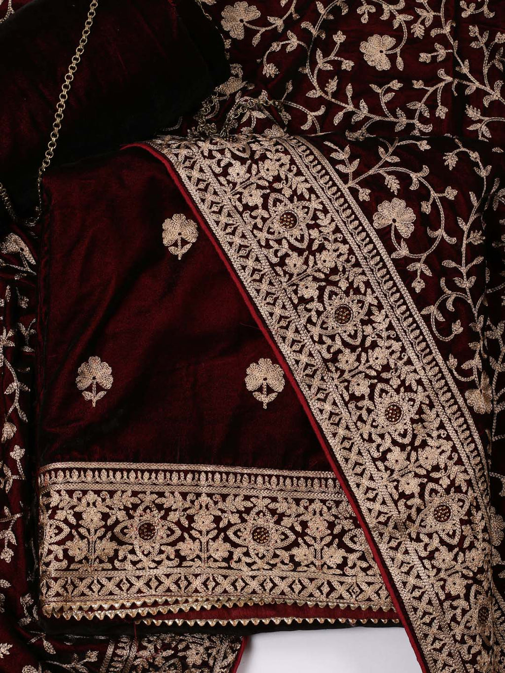 Floral Embroidered Velvet Unstitched Suit Piece With Dupatta
