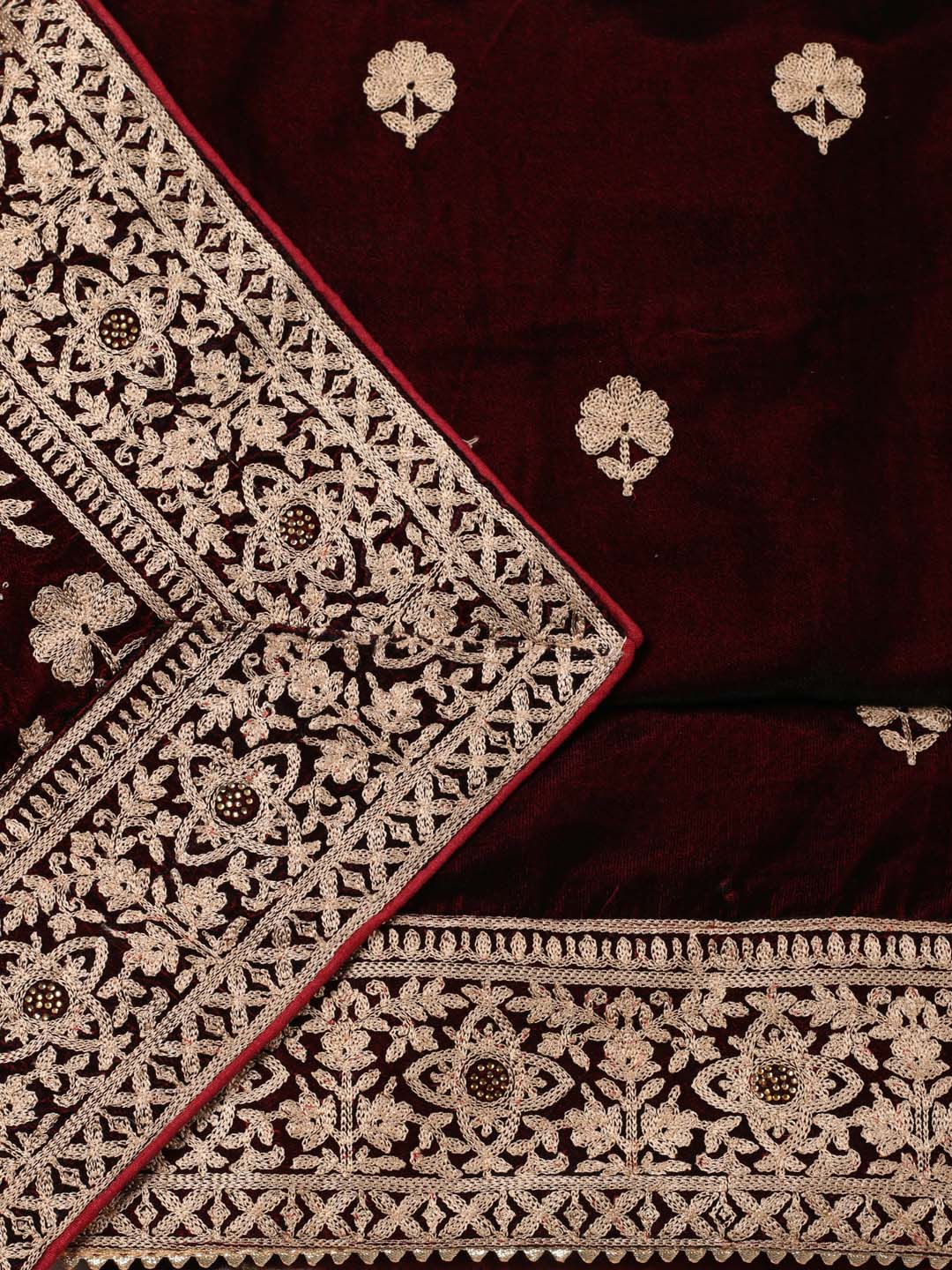 Floral Embroidered Velvet Unstitched Suit Piece With Dupatta