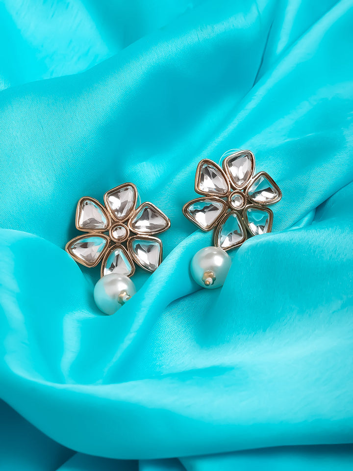 Golden &amp; White Polki Drop &amp; Dangler Earrings