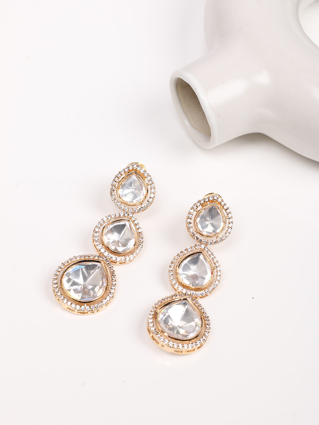 Golden &amp; White Kundan Drop Earrings