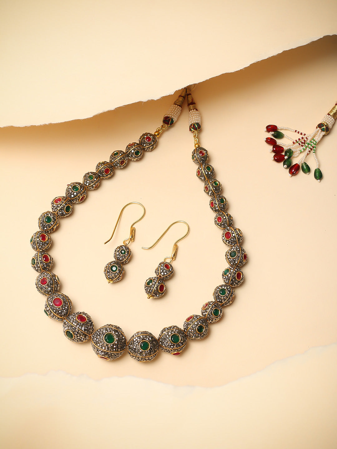 Multi-Colored Jadau Necklace Set With Earrings