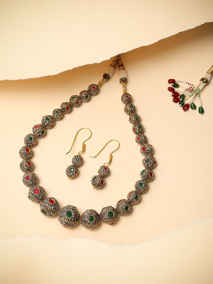 Multi-Colored Jadau Necklace Set With Earrings