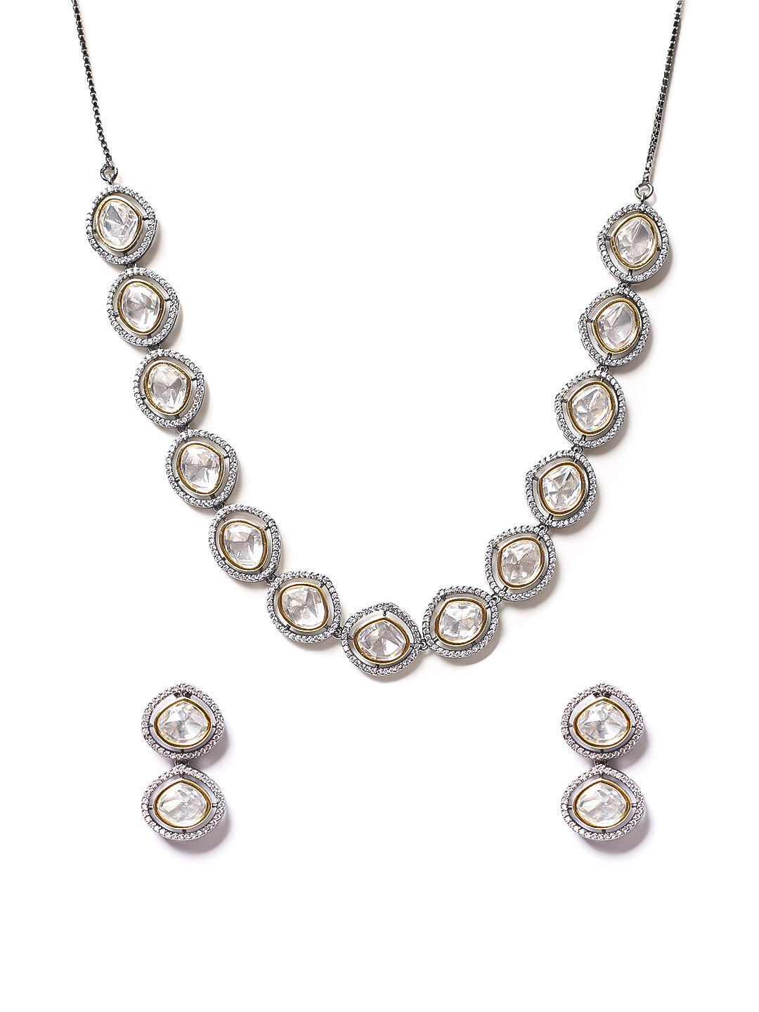 Silver &amp; White Kundan Necklace Set With Earrings