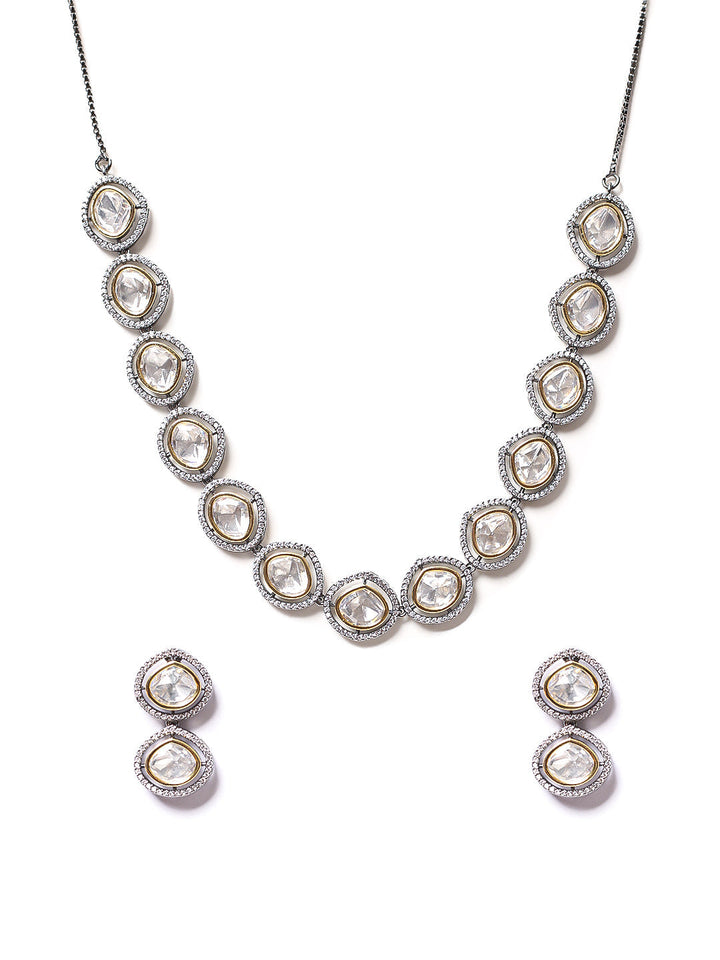 Silver &amp; White Kundan Necklace Set With Earrings