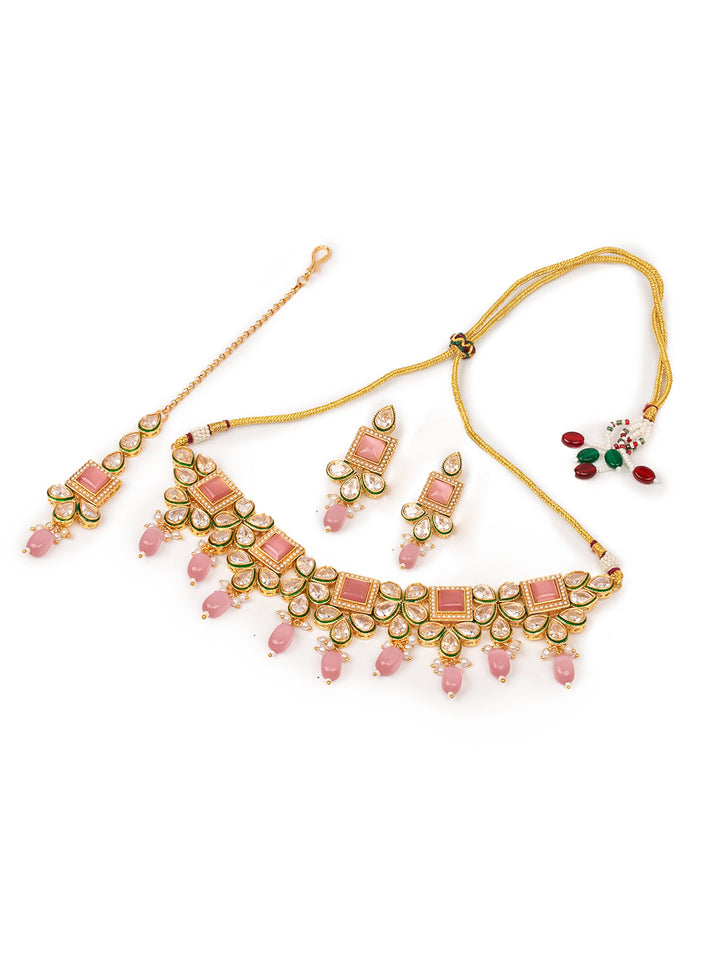 Golden &amp; Pink Kundan Necklace Set With Earrings &amp; Tikaa