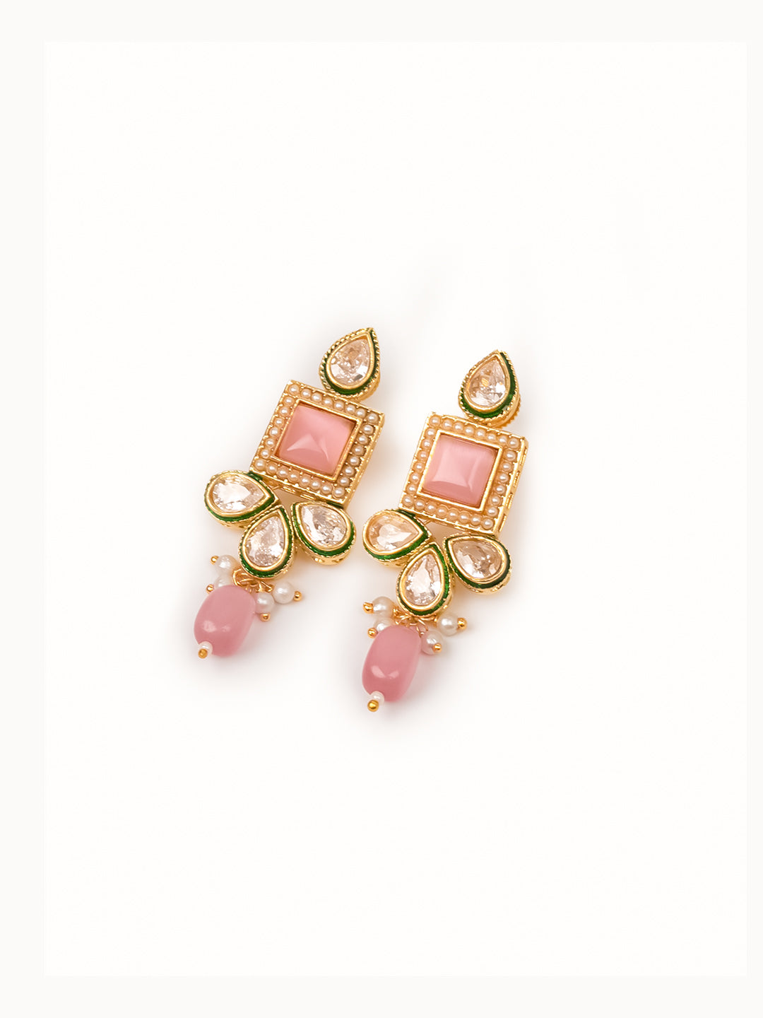 Golden &amp; Pink Kundan Necklace Set With Earrings &amp; Tikaa