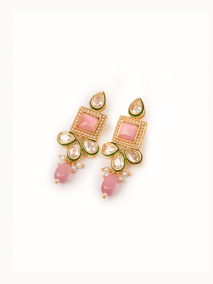 Golden &amp; Pink Kundan Necklace Set With Earrings &amp; Tikaa
