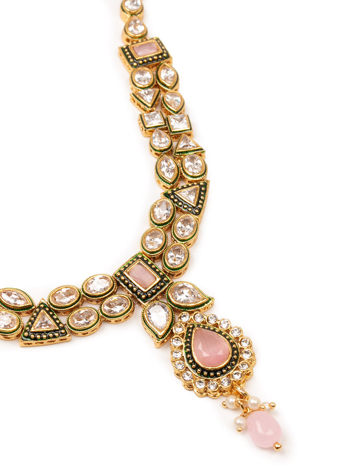 Golden &amp; White Polki Necklace Set With Earrings