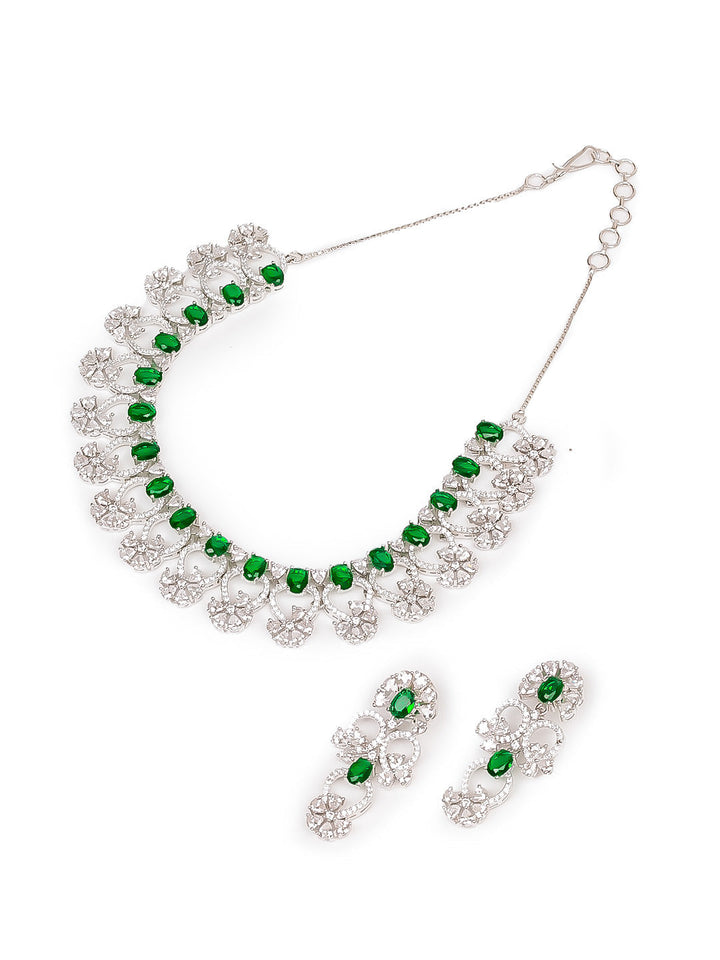 Silver &amp; Green Ad Necklace Set With Earrings