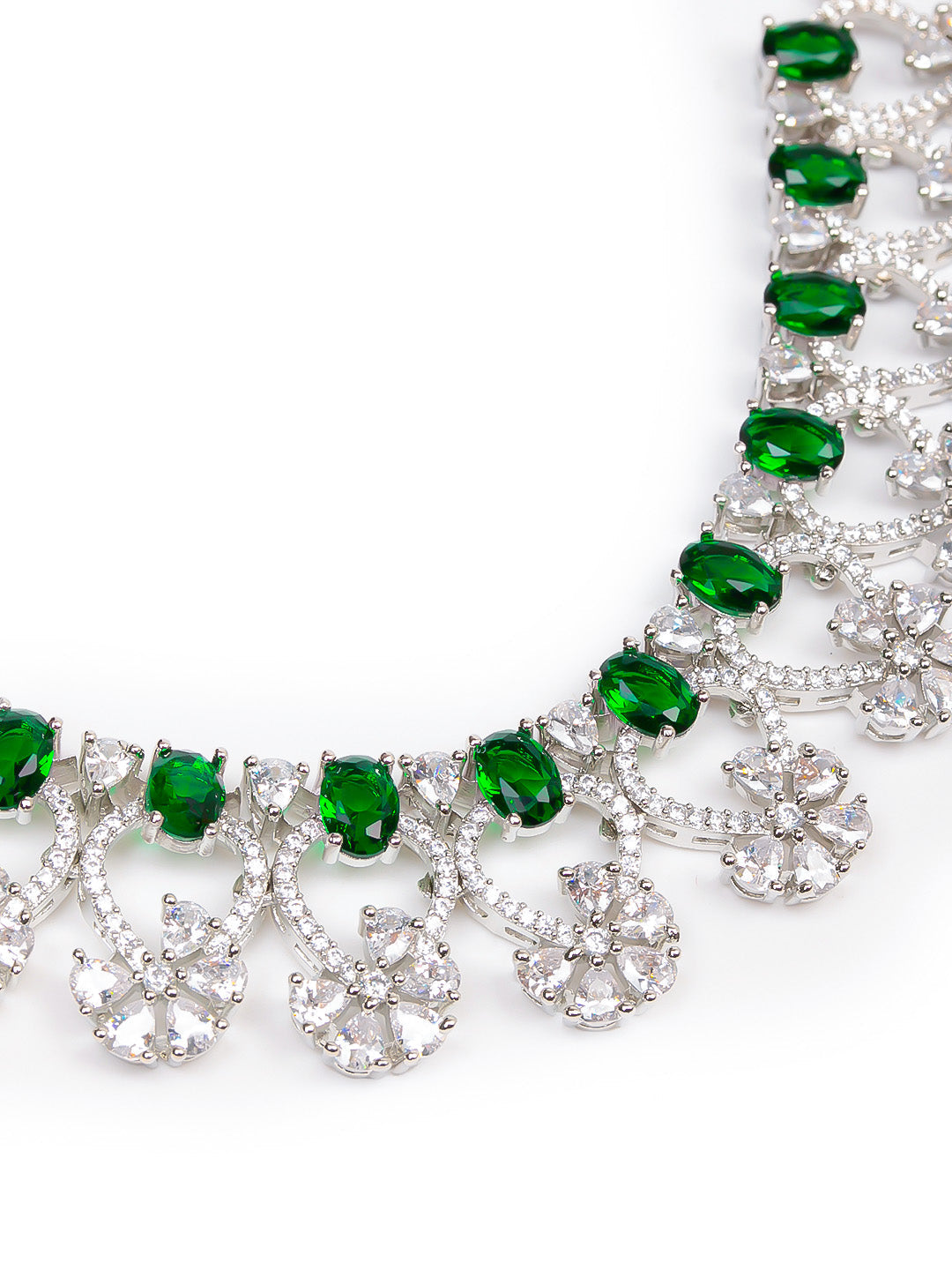 Silver &amp; Green Ad Necklace Set With Earrings