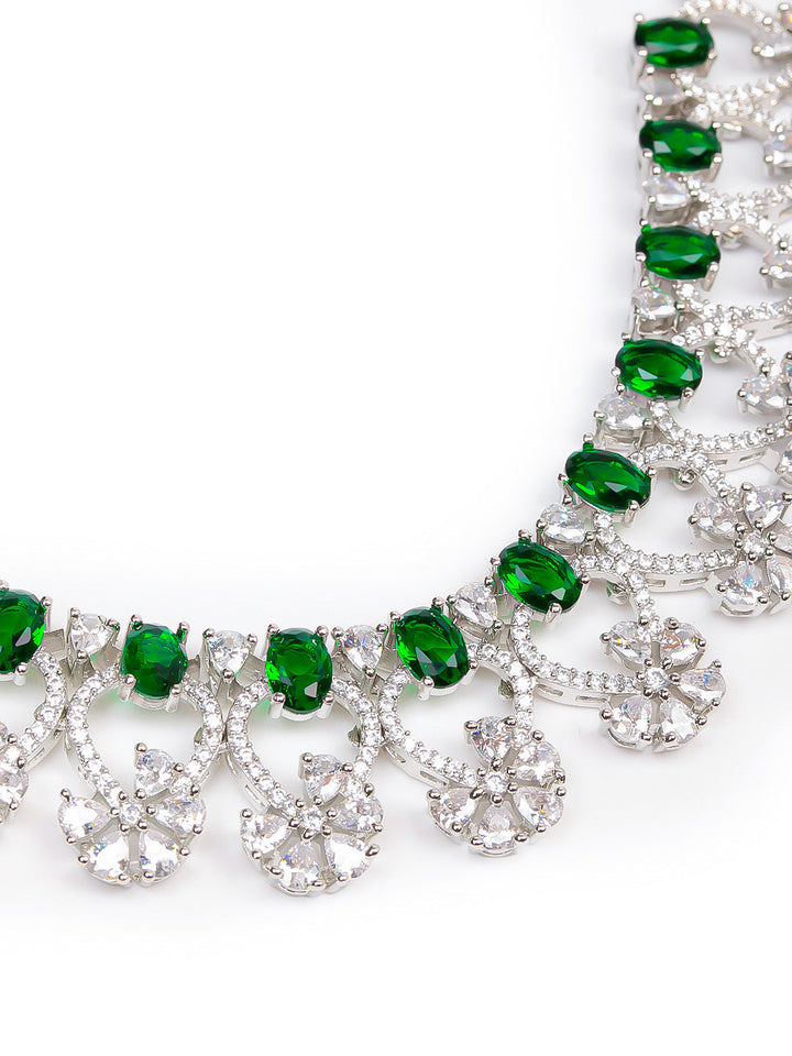 Silver &amp; Green Ad Necklace Set With Earrings