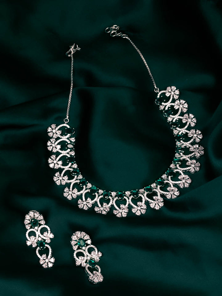 Silver &amp; Green Ad Necklace Set With Earrings