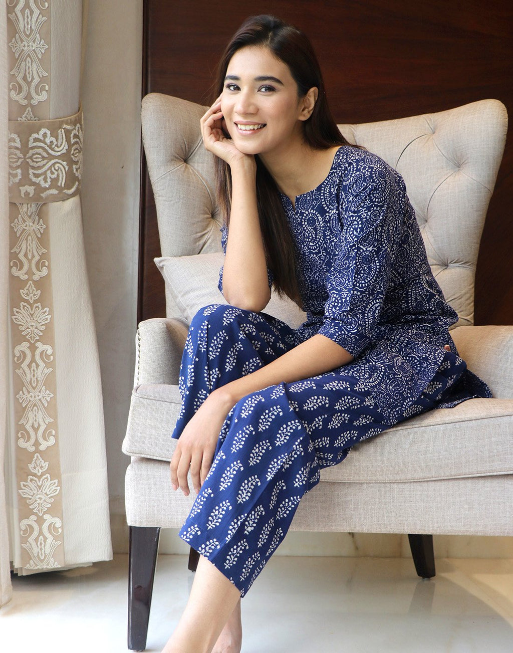 Blue Paisley Block Print Cotton Short Kurti Set