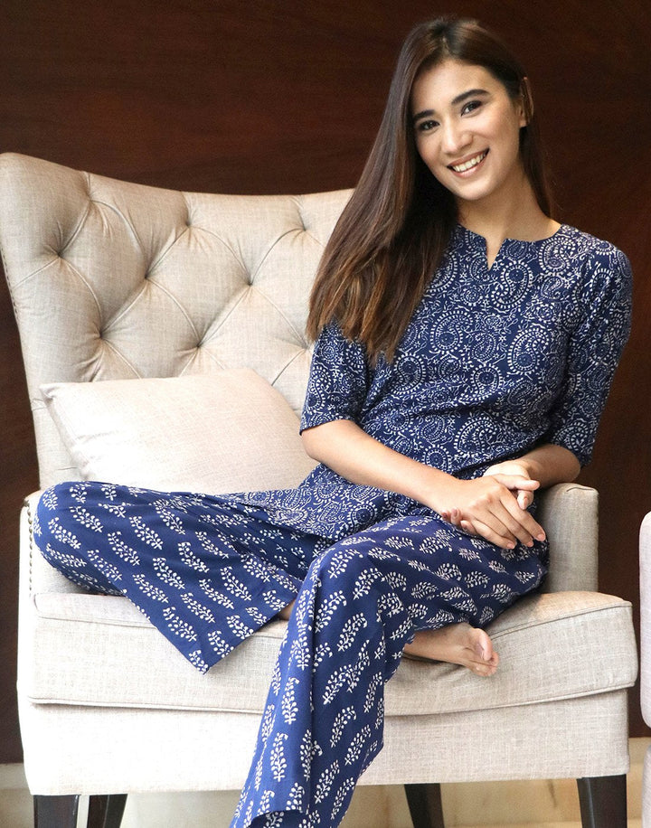 Blue Paisley Block Print Cotton Short Kurti Set