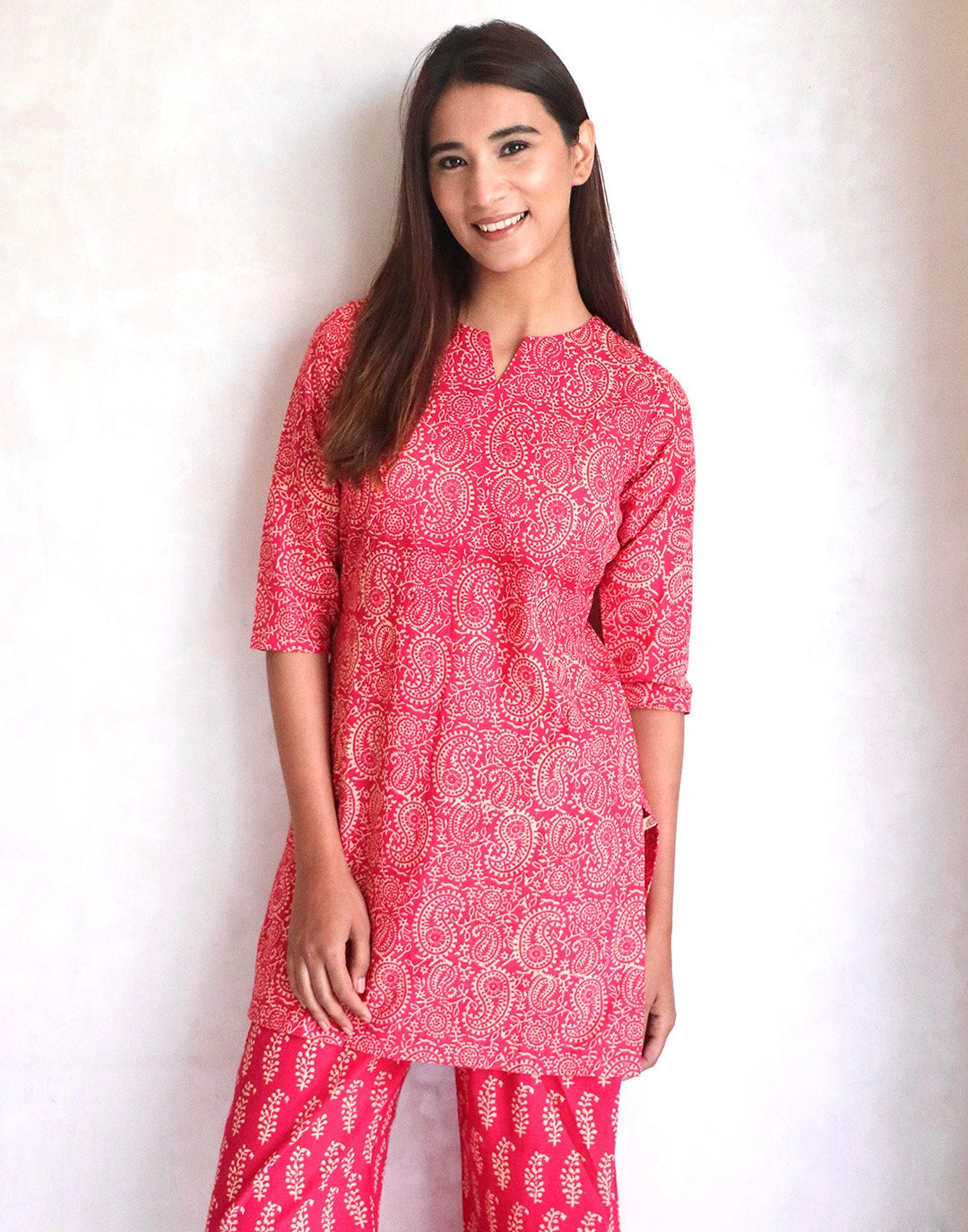 Pink Paisley Print Cotton Short Kurti Set