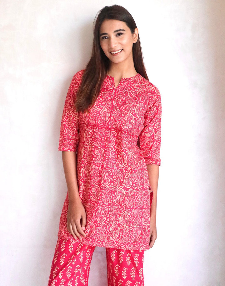 Pink Paisley Print Cotton Short Kurti Set
