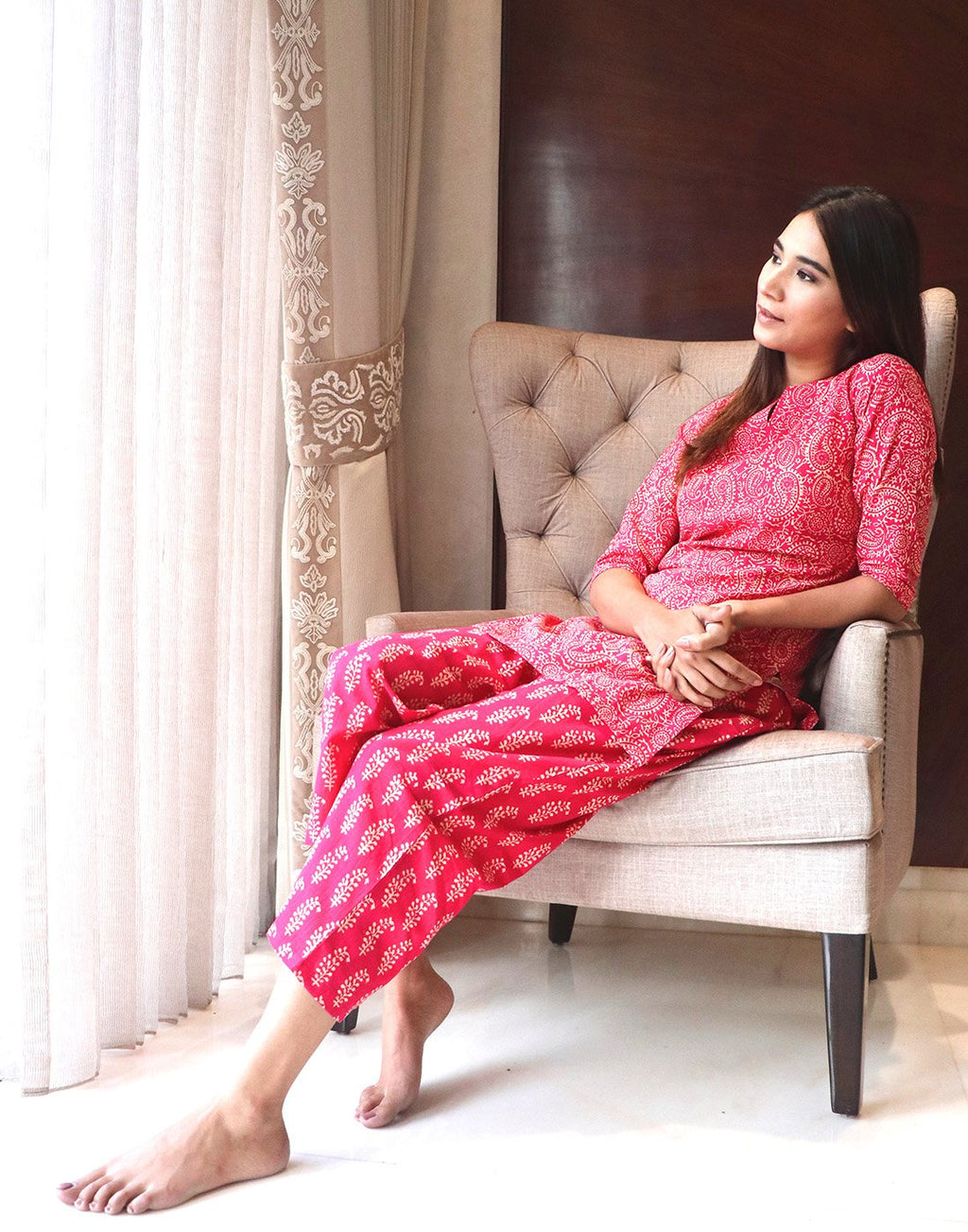 Pink Paisley Print Cotton Short Kurti Set