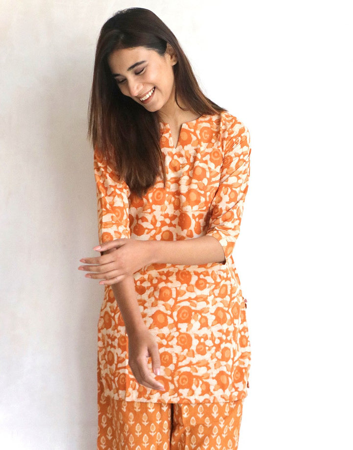 Mustard Batik Print Cotton Short Kurti Set