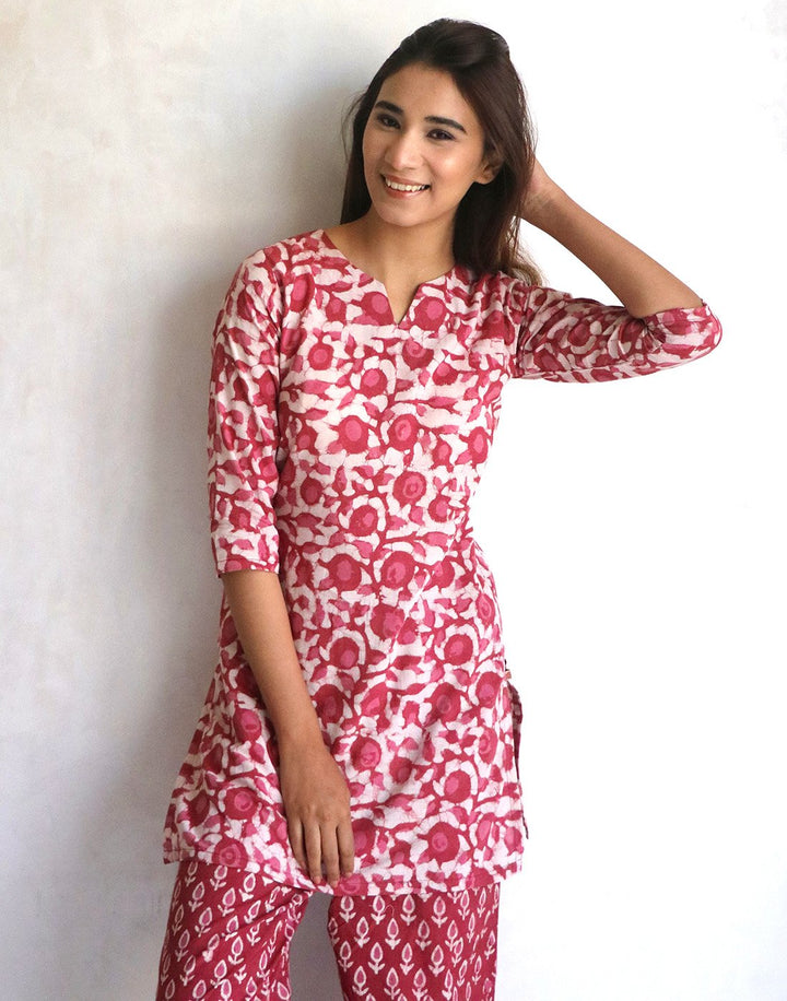 Plum Batik Print Short Kurti Set