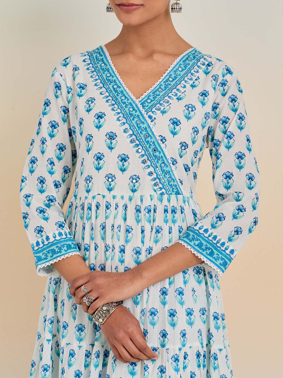 Floral Block Printed Cotton Kurta With Pants &amp; Dupatta