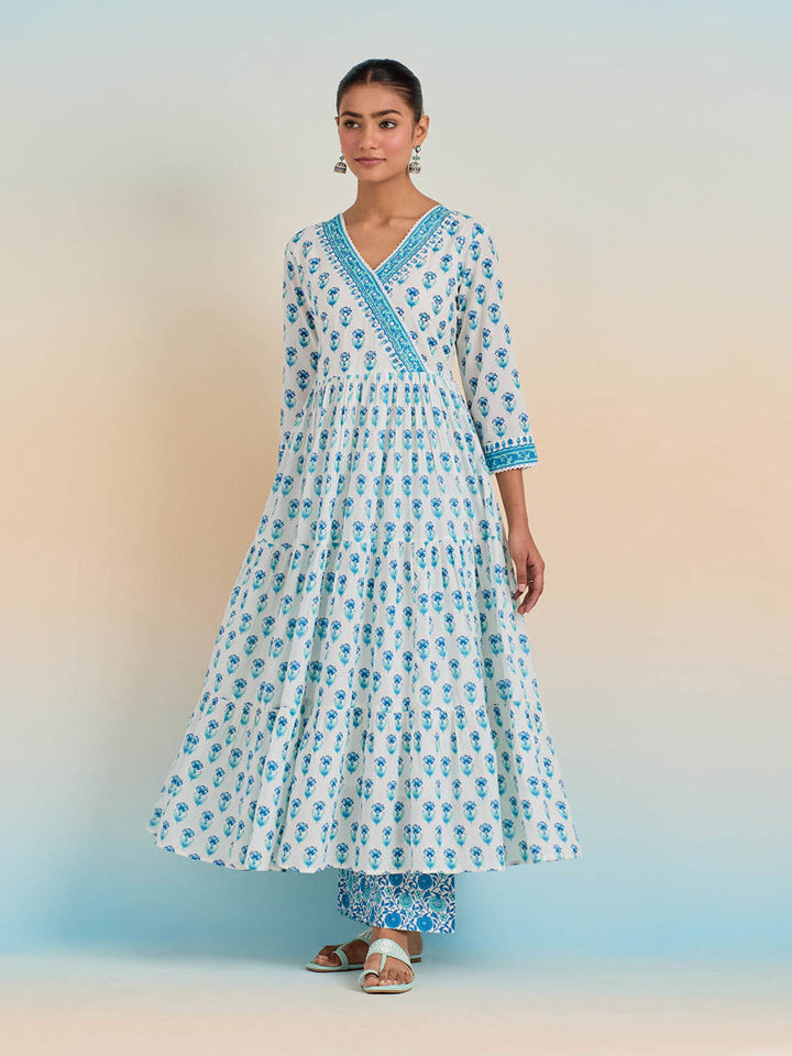 Floral Block Printed Cotton Kurta With Pants &amp; Dupatta