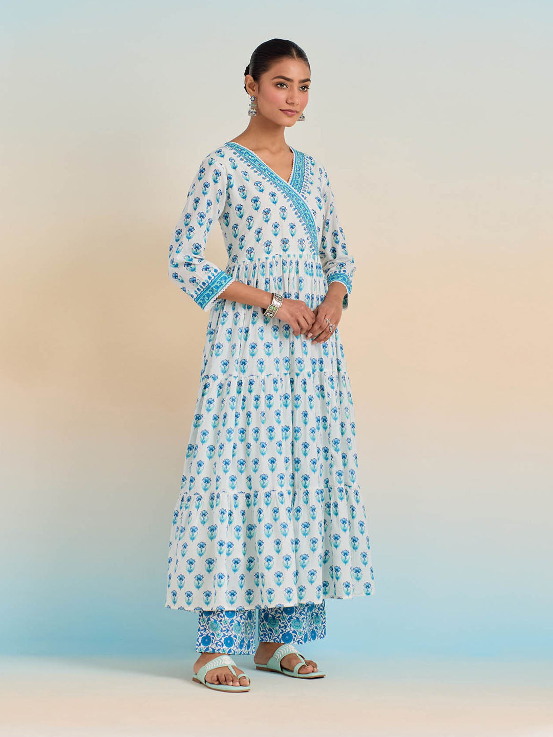 Floral Block Printed Cotton Kurta With Pants &amp; Dupatta