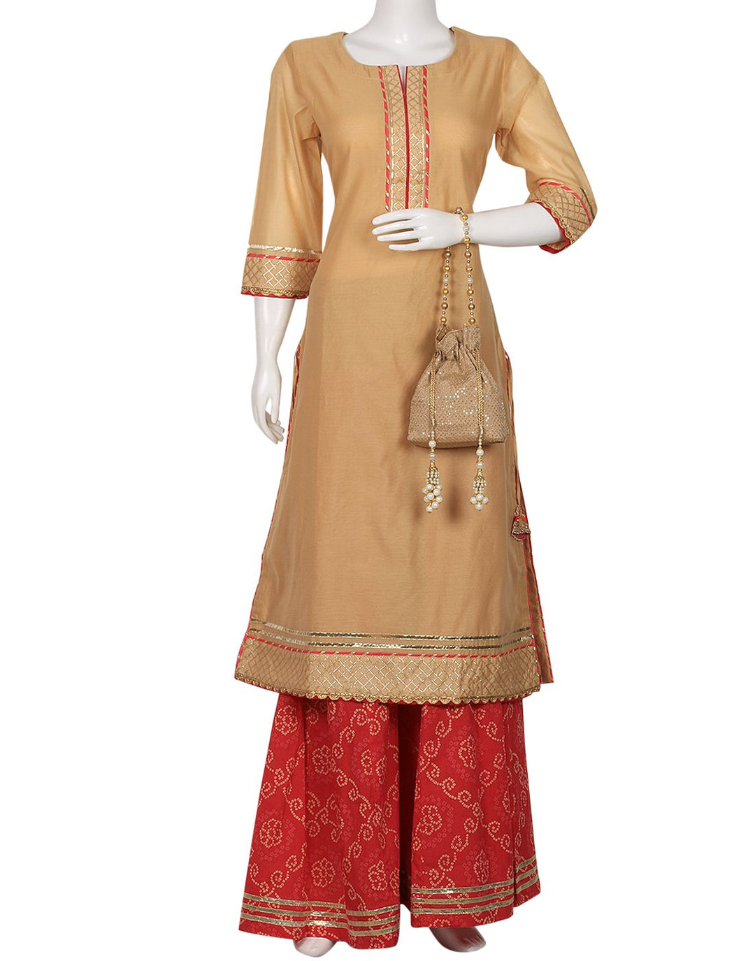 Beige &amp; Red Cotton Chanderi Kurti With Palazzo