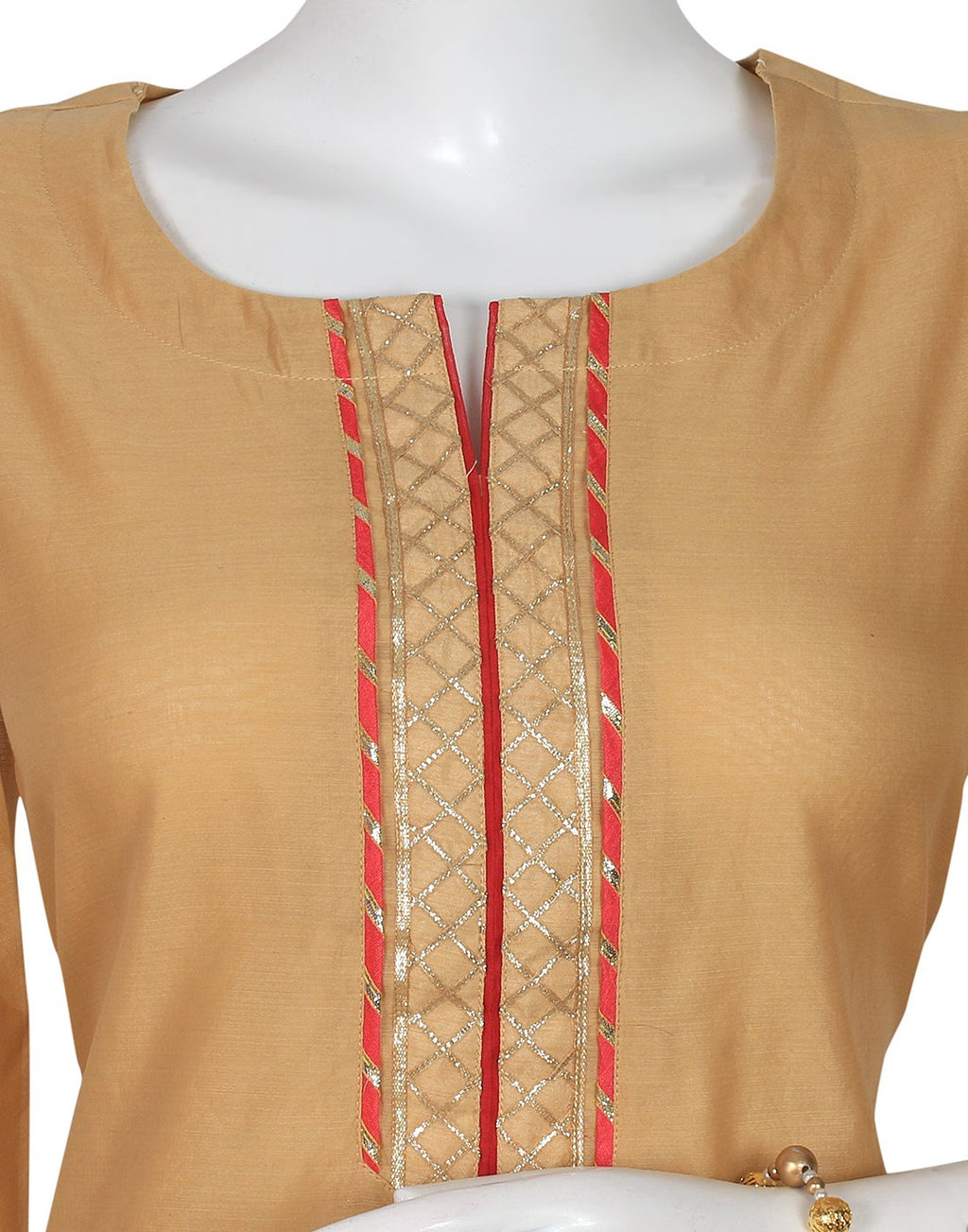Beige & Red Cotton Chanderi Kurti With Palazzo