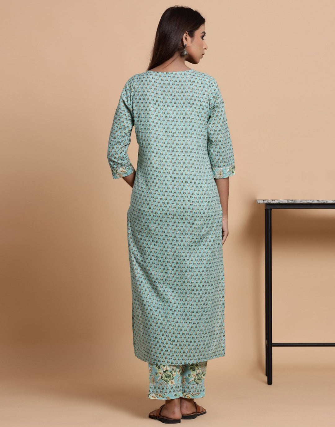 Sky Blue Cotton Printed Kurti Pant Set