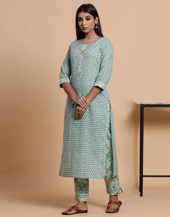Sky Blue Cotton Printed Kurti Pant Set