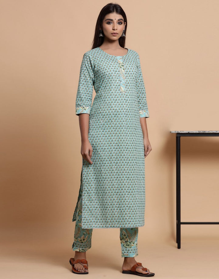 Sky Blue Cotton Printed Kurti Pant Set